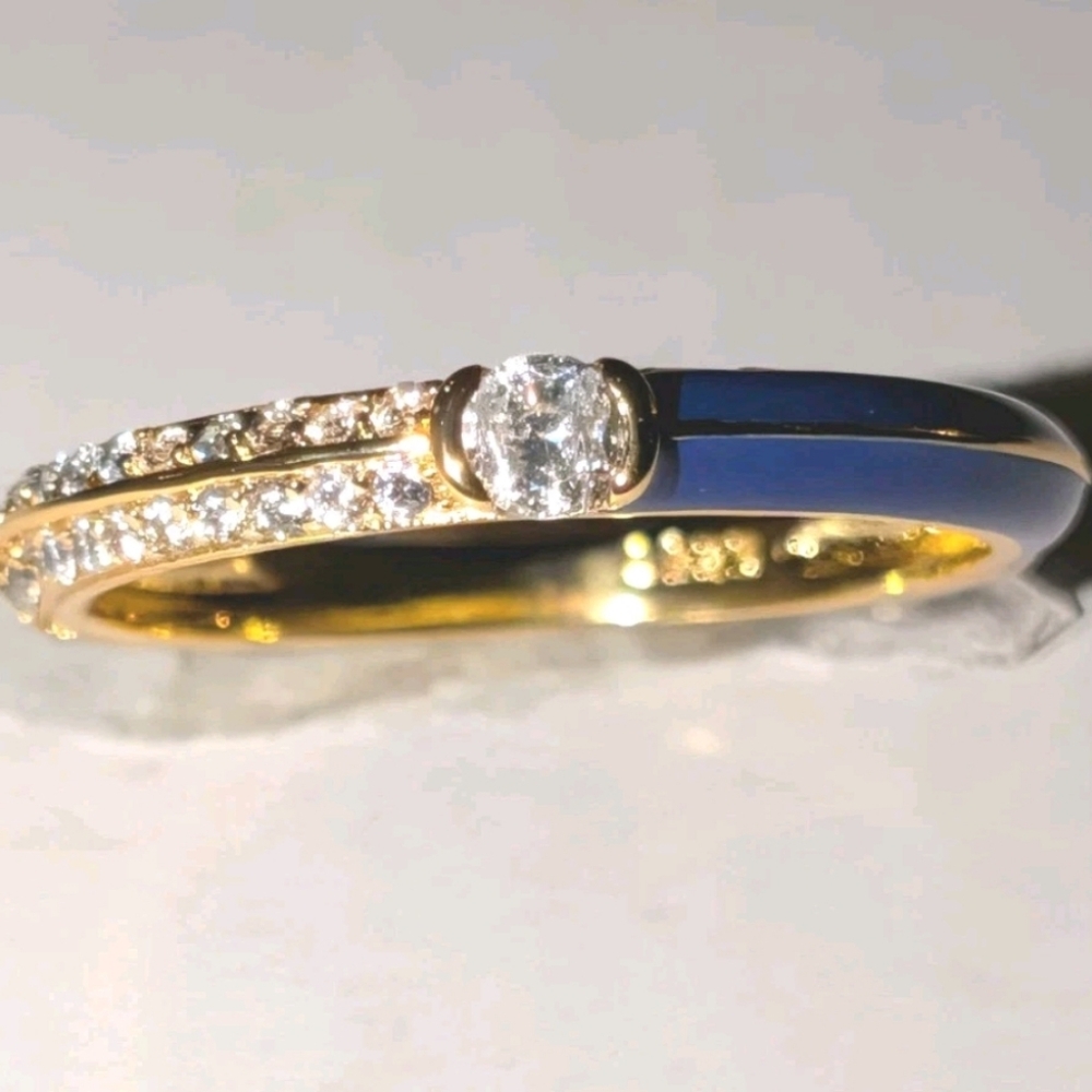 Women's 925 Sterling Silver Pavé Blue/Golden Dual Cubic Zirconia Dainty Ring Sz8